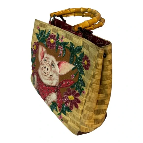 Vintage Isabella Fiore Handbags Bag Country Tan Beaded Pig Red Bandana Purse - Picture 3 of 8